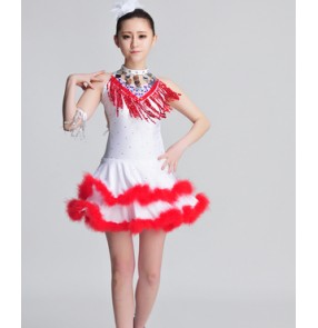 Red royal blue fuchsia hot pink white light pink feather rhinestones backless girls children kids women's ladies competition performance latin salsa cha cha rumba dance dresses